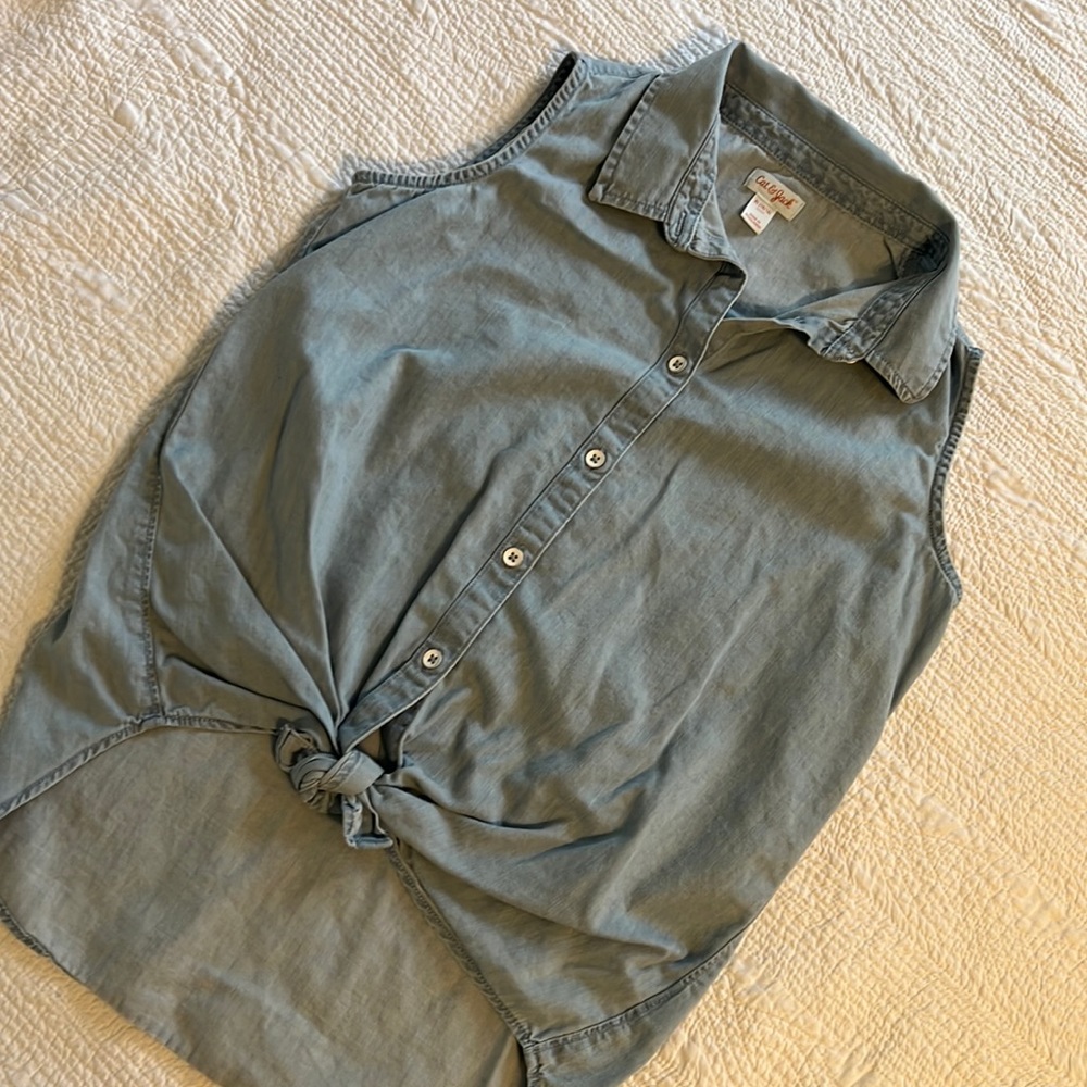 Cat and Jack Girls Chambray Tie Front Button Up Tank 14/16